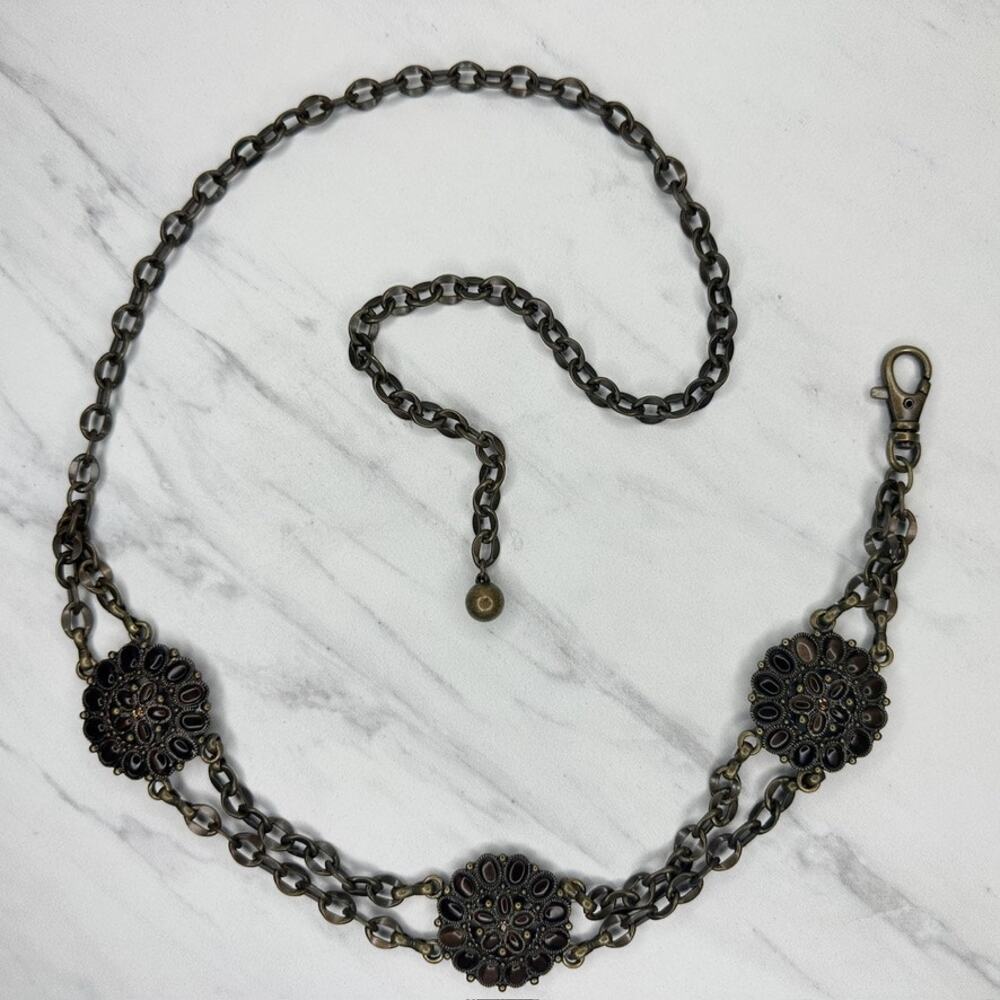 Womens Brown Cabochon Flower Concho Gold Tone Chain Belt Small/Medium S/M ✨